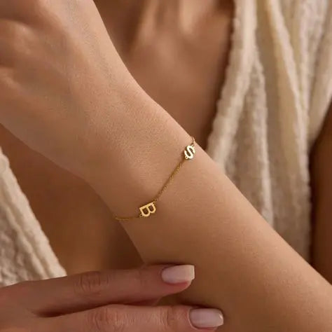 Custom sideways initial bracelet in stainless steel — minimalist monogram for daily wear