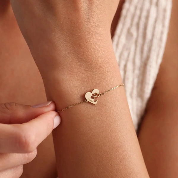 Custom Paw & Heart Name Bracelet - Gold / 2