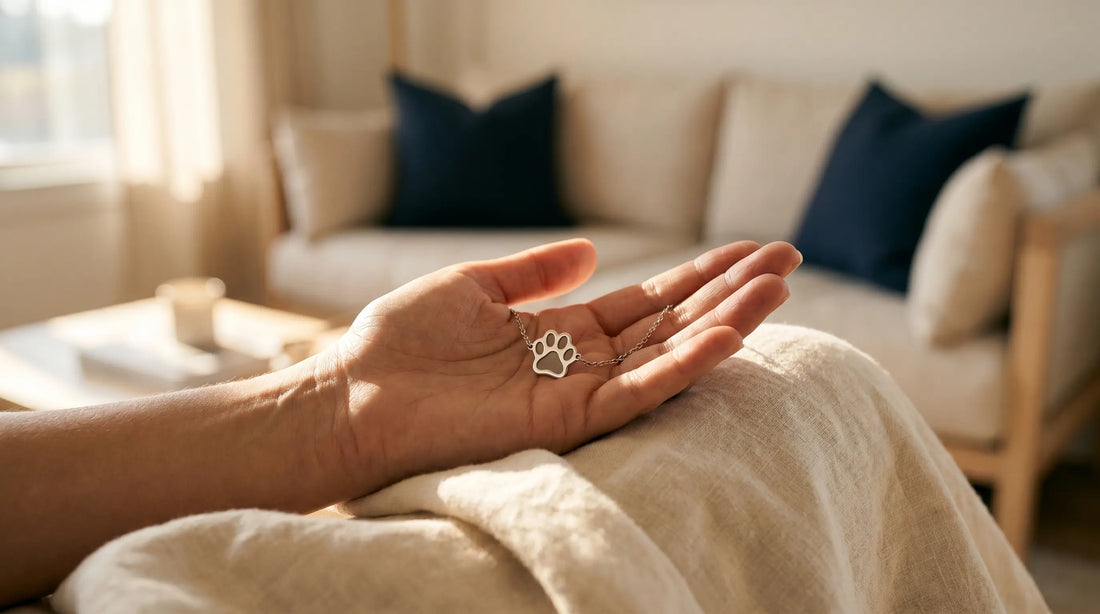 A hand holding a small silver paw-print bracelet in soft golden-hour light