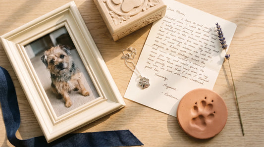 A flat lay of pet memorialization items: framed photo, paw print, memorial necklace, handwritten letter