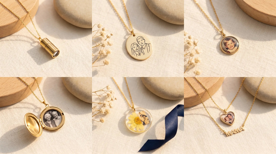 A flat lay of six different custom photo necklace styles arranged on cream linen