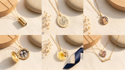 A flat lay of six different custom photo necklace styles arranged on cream linen