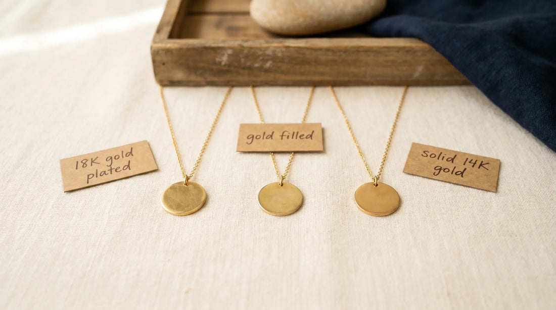 Three identical gold pendants side by side comparing 18K plated, gold filled, and solid gold