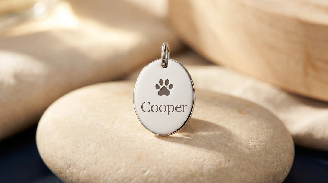A polished silver paw print pendant with the name 'Cooper' engraved, resting on pale stone