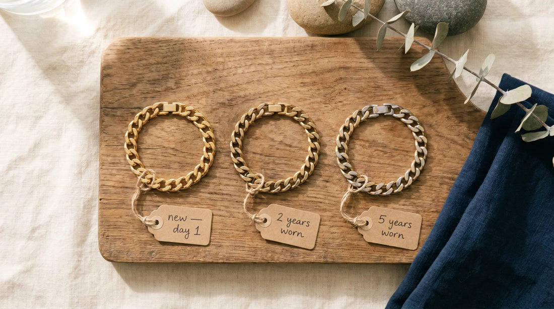Three gold-plated bracelets at different wear stages: new, 2 years worn, 5 years worn