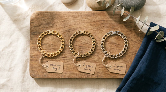 Three gold-plated bracelets at different wear stages: new, 2 years worn, 5 years worn
