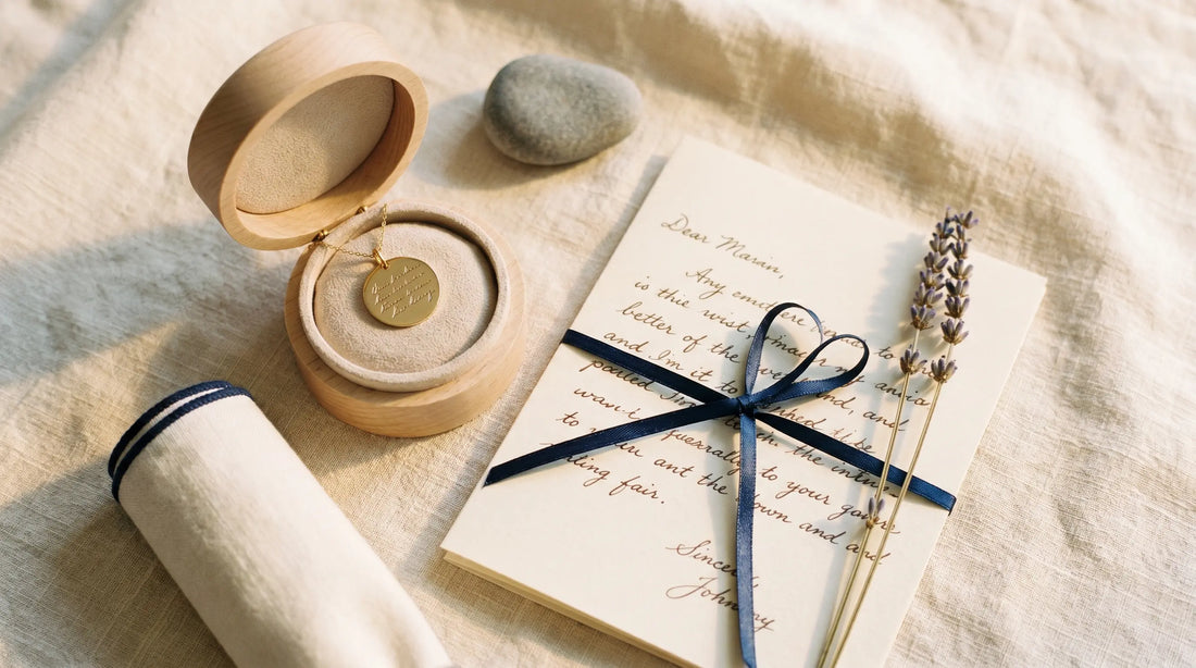 A handwriting pendant and a folded letter on a soft cream surface in afternoon light