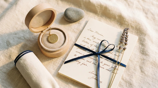 A handwriting pendant and a folded letter on a soft cream surface in afternoon light