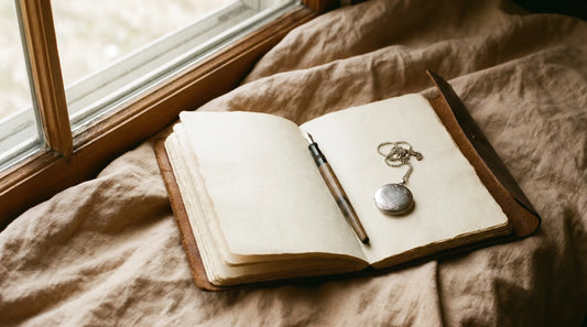 Memorial necklace on an open journal with a fountain pen in soft window light