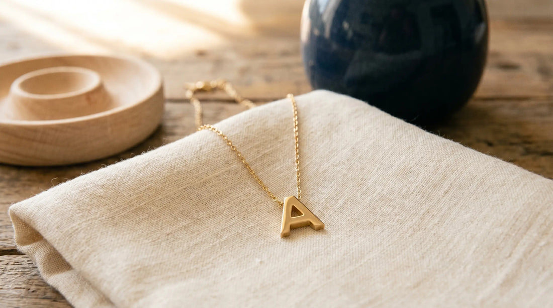 A small sans-serif initial 'A' pendant on a fine cable chain against warm cream linen