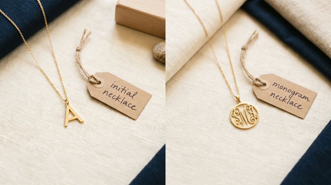 Side-by-side: a single initial pendant on the left, a classical 3-letter monogram pendant on the right