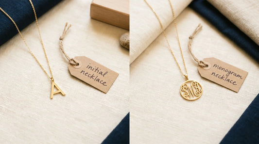 Side-by-side: a single initial pendant on the left, a classical 3-letter monogram pendant on the right