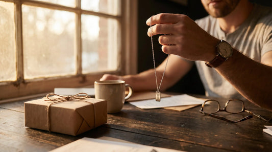 Personalized engraved necklace for Father's Day on a dark wooden desk in warm morning light