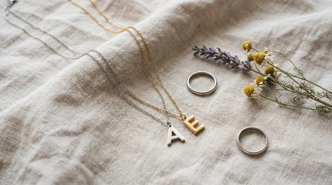 Two delicate matching couples necklaces with initial pendants on natural linen in soft daylight