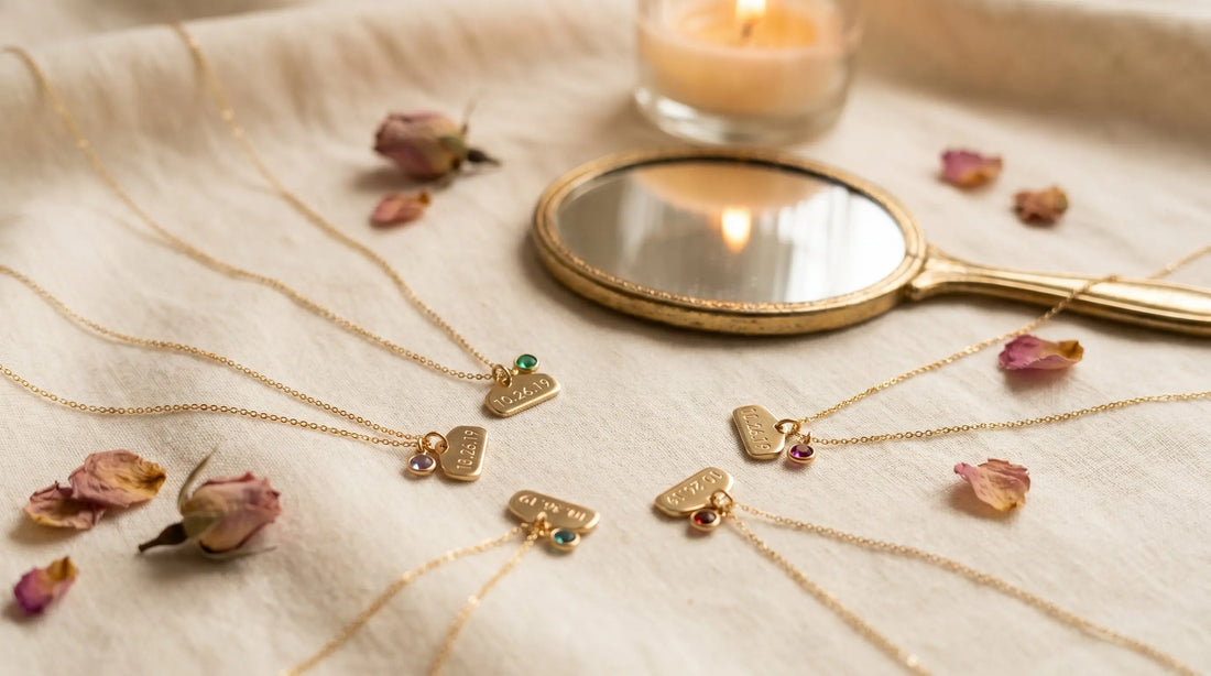 Five delicate anniversary necklaces with engraved dates and birthstone accents on cream linen