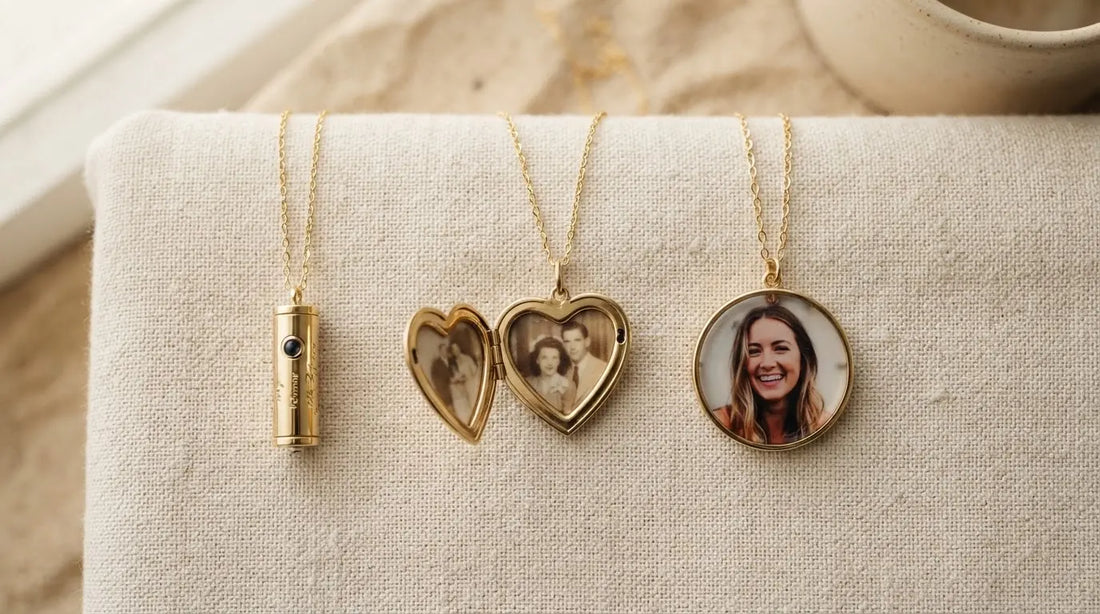 Three photo jewelry pendants flat lay — photo projection locket engraved photo charm comparison