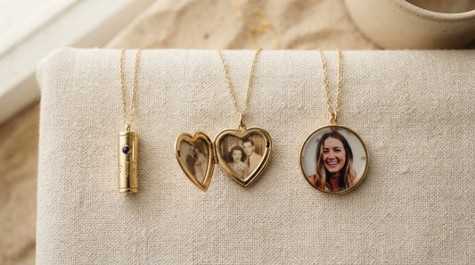 Three photo jewelry pendants flat lay — photo projection locket engraved photo charm comparison