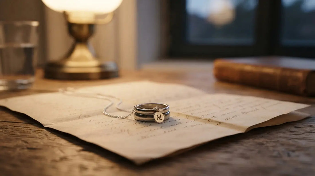Silver wedding ring with delicate initial pendant on handwritten letter — widow personalized jewelry