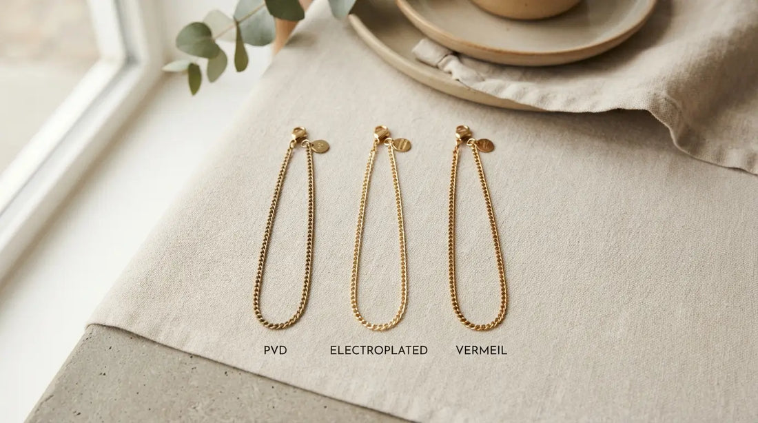 Three gold bracelets side by side — PVD gold plating vs electroplating vs vermeil comparison