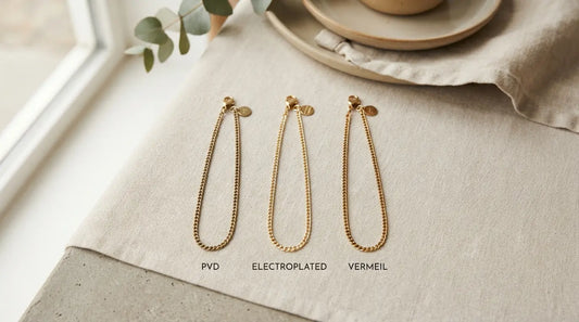 Three gold bracelets side by side — PVD gold plating vs electroplating vs vermeil comparison