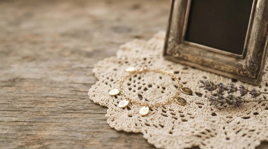Gold family name bracelet on vintage lace with lavender — grandparent memorial heirloom jewelry