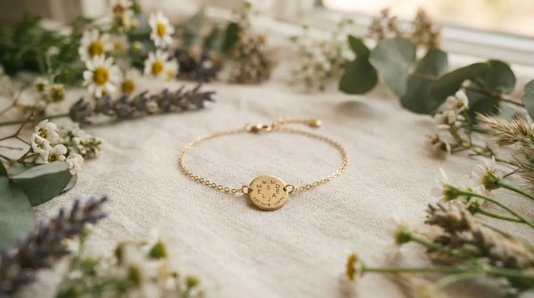 Gold family bracelet with multiple initials in heart shape — adoption anniversary family day jewelry
