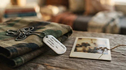 Silver dog tag pendant on camouflage fabric with polaroid — military deployment keepsake jewelry