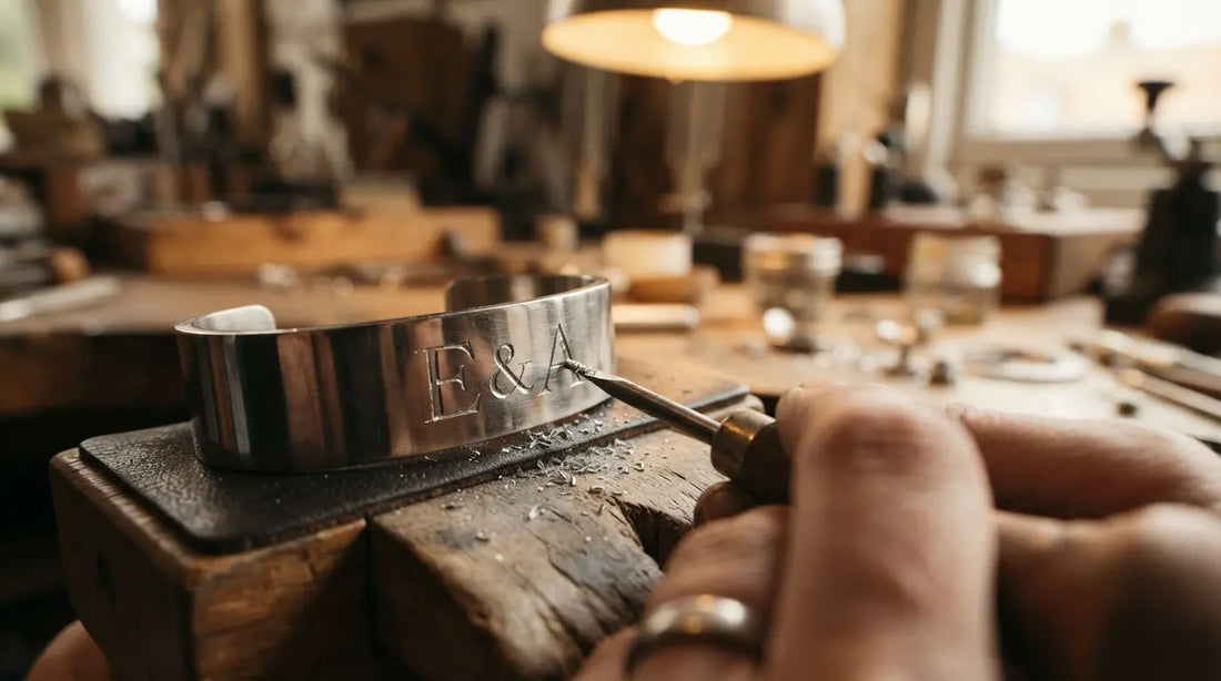 Jeweler's diamond graving tool engraving stainless steel bracelet — hand engraving craftsmanship