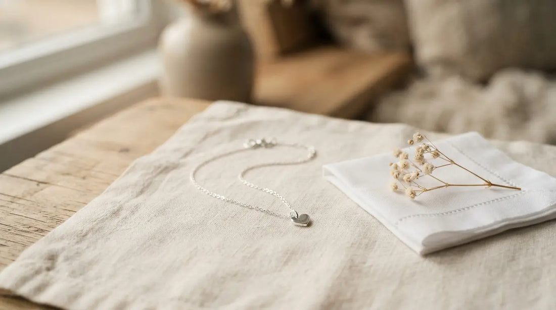 Delicate silver heart pendant necklace on cream linen — pregnancy loss memorial keepsake