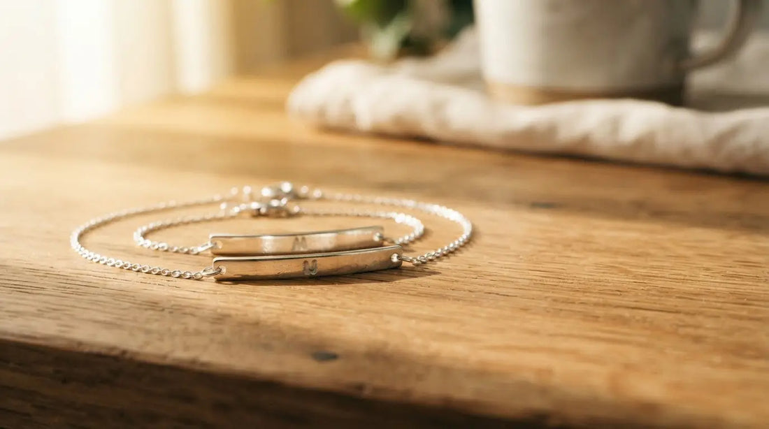 Two identical silver bar bracelets side by side — sibling loss memorial jewelry