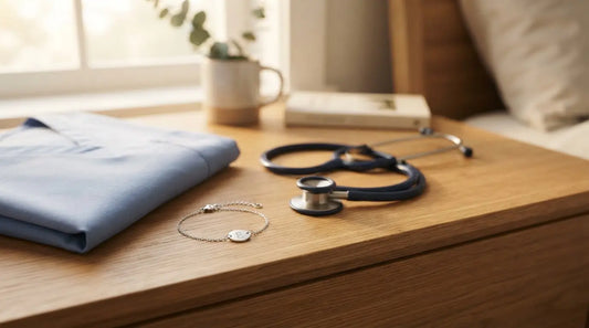 Silver personalized bracelet with nursing scrubs and stethoscope — nurse RN week gift jewelry