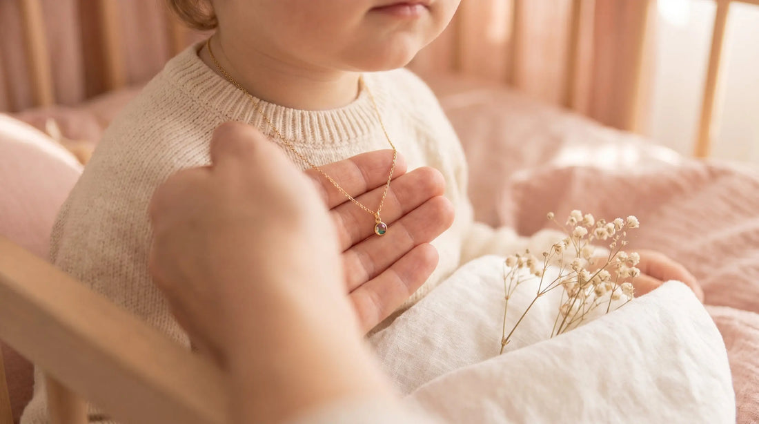 Mother's hand clasping a delicate birthstone pendant necklace on a small child in soft pastel light