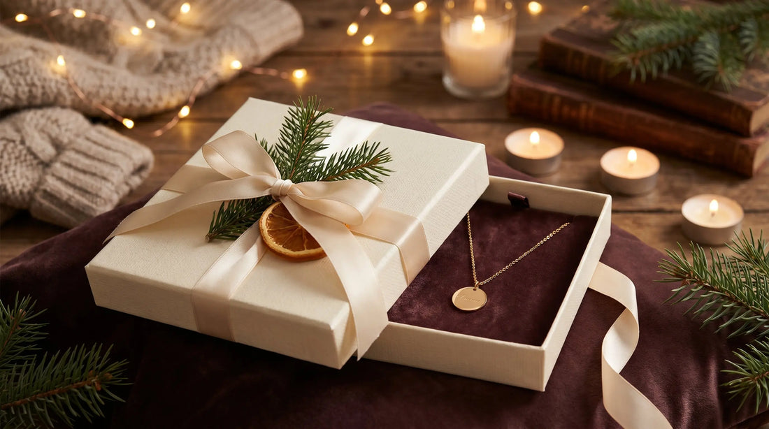 Elegant Christmas gift box partially opened revealing a personalized gold pendant necklace with warm bokeh lights