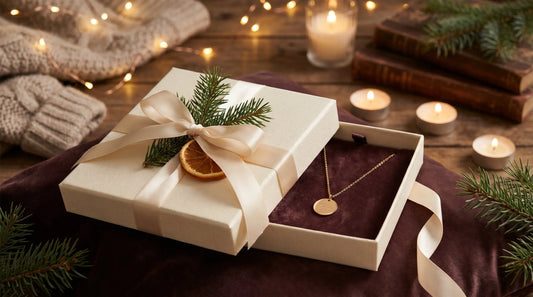 Elegant Christmas gift box partially opened revealing a personalized gold pendant necklace with warm bokeh lights