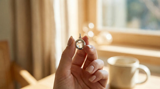 Hand holding small photo projection charm pendant up toward warm light