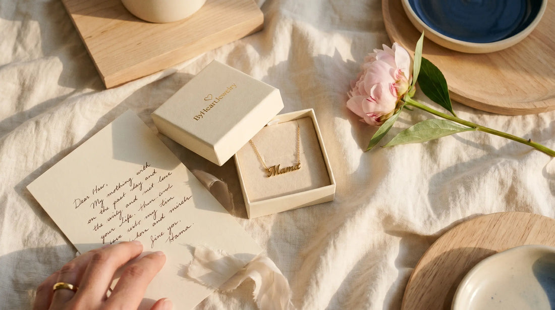 Mother's Day personalized jewelry gift arrangement with name necklace and peony petals