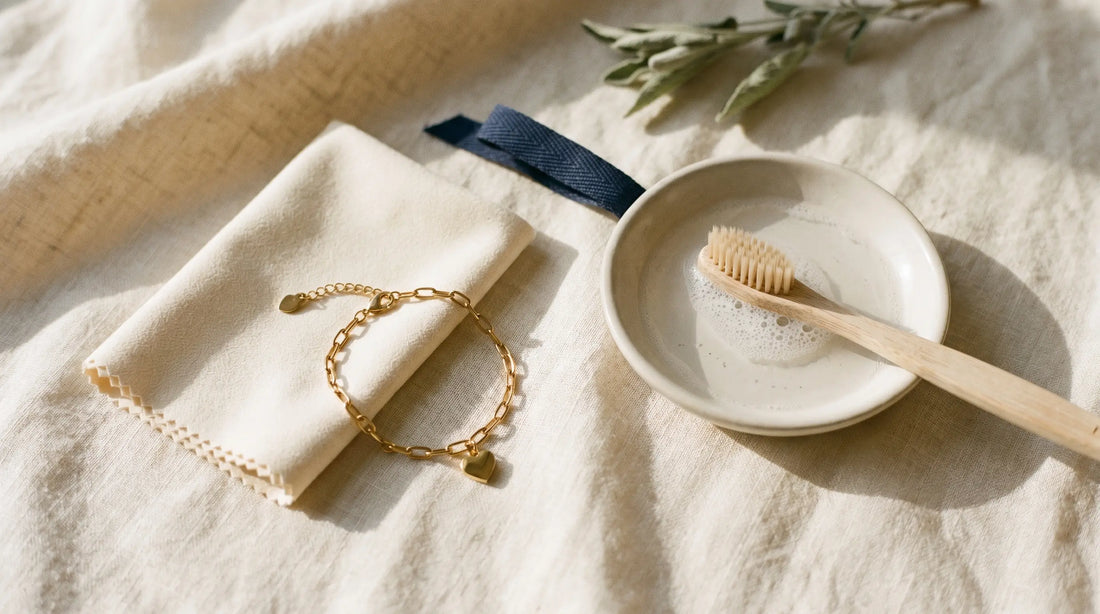 Stainless steel jewelry care arrangement — bracelet, microfiber cloth, soapy water, soft brush