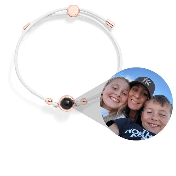 Custom leather photo bracelet in white with rose gold clasp — sentimental keepsake jewelry