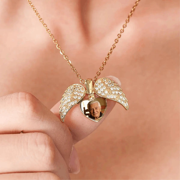 Custom Angel Photo Locket Necklace - Gold
