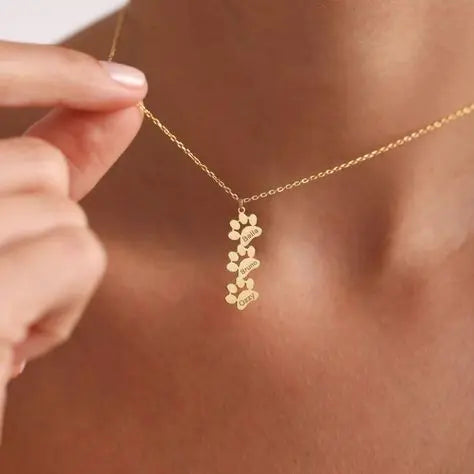 Personalized pet paw and name necklace in gold-plated stainless steel — handmade keepsake