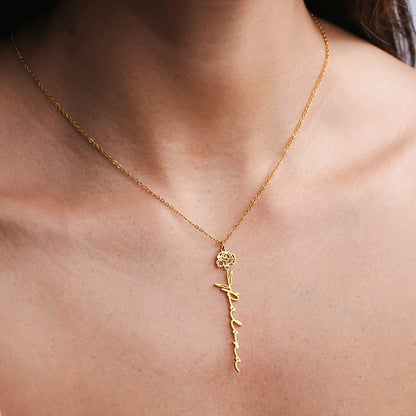 Custom Birth Flower Name Necklace - 18K Gold / Vertical