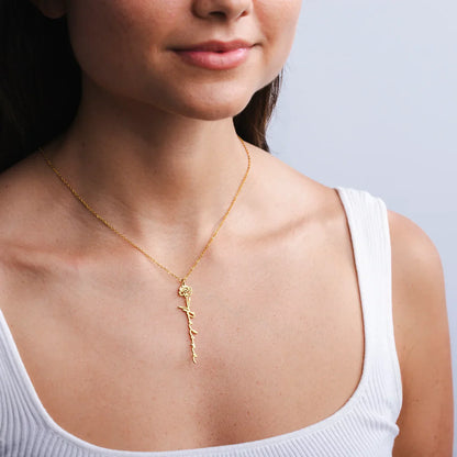 Custom Birth Flower Name Necklace - 925 Sterling Silver / Vertical